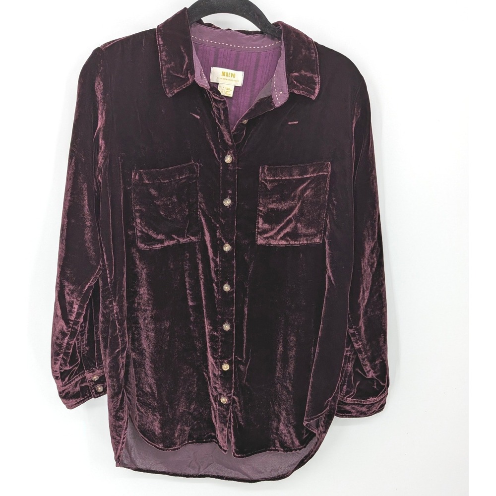 Maeve Button Down Women 0 Purple Velvet Long Sleeve Pocket Shirt Whimsygoth